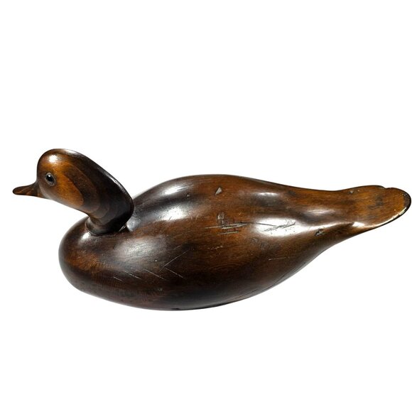 Hand-Carved Wooden Duck Figurine Signed HM 12" Vtg Rustic Decor Sculpture - Picture 1 of 6